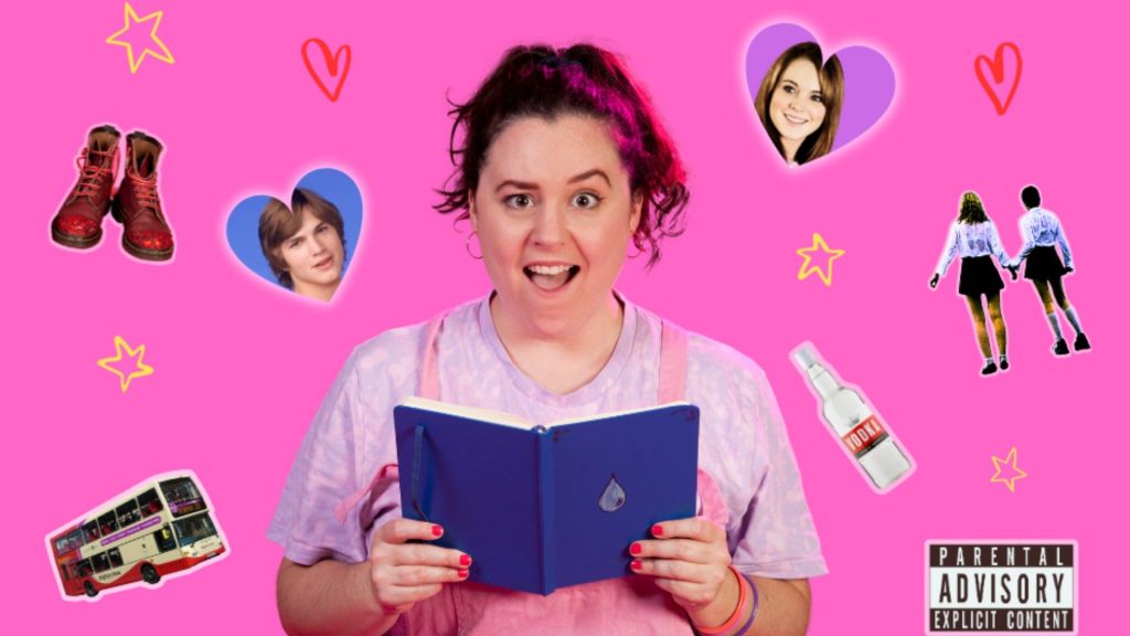 A photo of Beth (a white person with dark hair in a high ponytail, wearing pink dungarees and a lilac tie-dyed t-shirt). Beth is against a pink backdrop, opening a blue diary with a scandalised expression - one eyebrow raised, mouth open in shocked amusement. Surrounding Beth’s head are doodles of yellow hearts, red stars & cut-out photos including: a Brighton bus, a bottle of cheap vodka, red Doc Marten boots, young Lindsay Lohan & Ashton Kutcher in heart-shaped frames, the back of pop duo Tatu holding hands in the rain in school uniform.