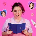 A photo of Beth (a white person with dark hair in a high ponytail, wearing pink dungarees and a lilac tie-dyed t-shirt). Beth is against a pink backdrop, opening a blue diary with a scandalised expression - one eyebrow raised, mouth open in shocked amusement. Surrounding Beth’s head are doodles of yellow hearts, red stars & cut-out photos including: a Brighton bus, a bottle of cheap vodka, red Doc Marten boots, young Lindsay Lohan & Ashton Kutcher in heart-shaped frames, the back of pop duo Tatu holding hands in the rain in school uniform.