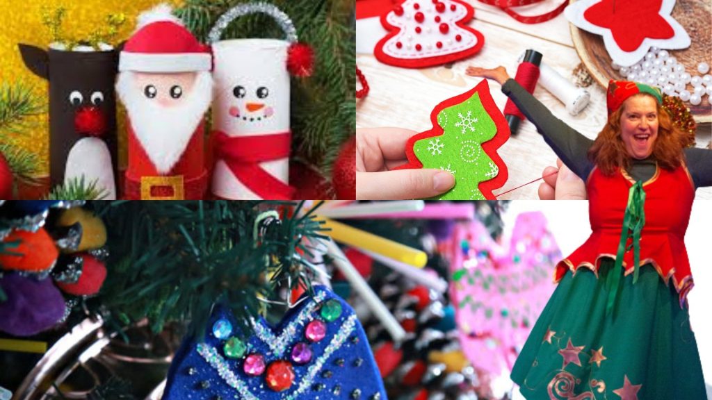 Bright and colourful collage of christmas crafting with female host in bottom right hand corner. with arms outstretched and an excited facial expression Mood: Festive