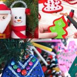Bright and colourful collage of christmas crafting with female host in bottom right hand corner. with arms outstretched and an excited facial expression Mood: Festive