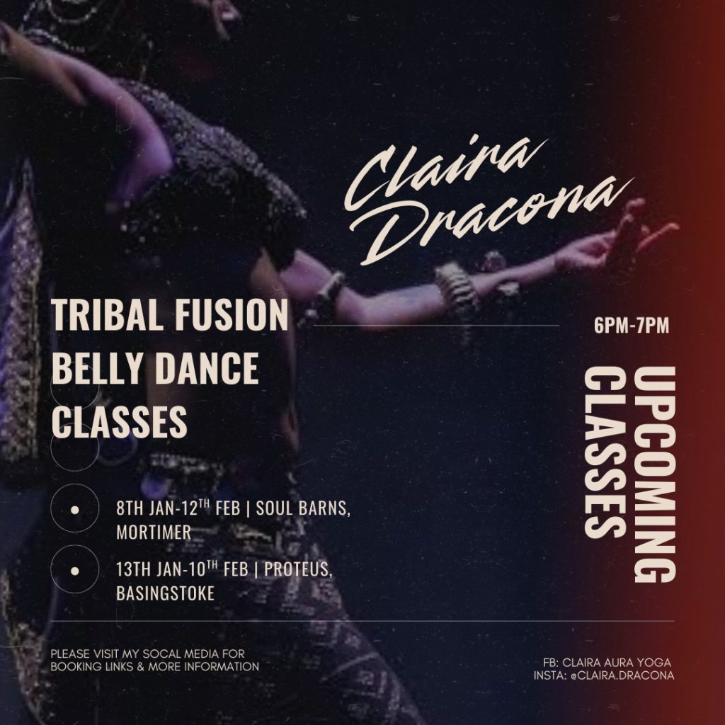 Here’s clear, literal, keyword-friendly ALT text that matches accessibility and SEO best practice: **ALT text:** “Promotional poster for tribal fusion belly dance classes led by Claira Dracona, showing a dancer in costume with class times, dates, and locations for adult dance students, including beginners seeking movement and performance training.”