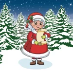 Mrs Christmas holding her Christmas list in a snowy Christmas forest, promotional show image for the family holiday show “Mrs Christmas’s Christmas List.”